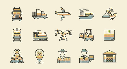 Transportation and Logistics Icons Depicting Various Shipping Methods and Delivery.