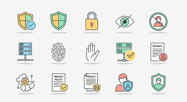Collection of security and privacy icons representing protection and safety measures.
