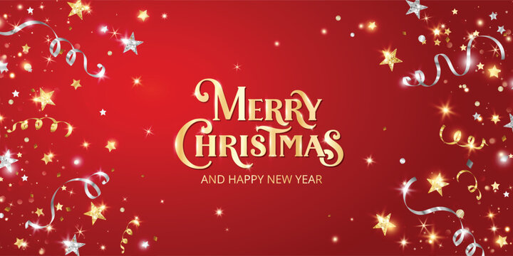 Christmas red background with golden lettering, glowing confetti, stars and ornaments. Festive magical glitter design for holiday celebration, party banners and New Year greetings. Vector.