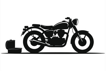 Black and White Silhouette: Classic Motorcycle with an Open Toolbox Nearby, Symbolizing Repair, Service, or Customization Project.