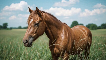 Beautiful animals horse in a green field with colorful natural blur, animal photo, wildlife