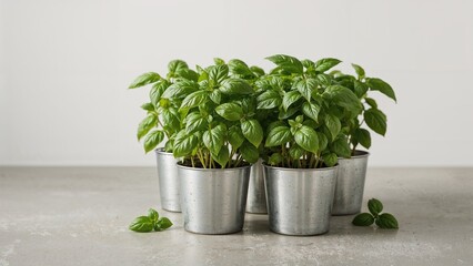 Naklejka premium Basil seedlings in fresh, green state. Basil sprigs in metal pots, a gardening idea