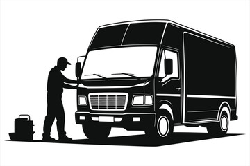 Black and White Silhouette of Mechanic Servicing Truck or Van - Automotive Repair, Maintenance, Fleet & Commercial Vehicle Service, Mechanic Work, Automotive Industry Concept
