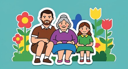 Family Portrait with Flowers - A Generational Bond in a Garden Setting.
