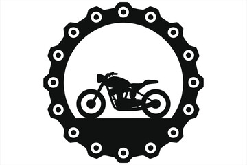 Motorcycle inside chainring circle – silhouette emblem of bike sprocket gear frame, vintage motorbike icon, mechanical repair, engineering logo, transportation symbol, vector illustration isolated