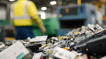 E-waste recycling process: pile of discarded circuit boards and electronics awaits sorting. Recycling is essential to recover valuable materials and reduce environmental pollution.