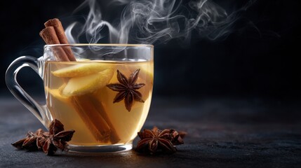 spiced apple cider in glass mug, macro focus on cinnamon sticks and star anise floating, steam curls in detailed patterns, dark background