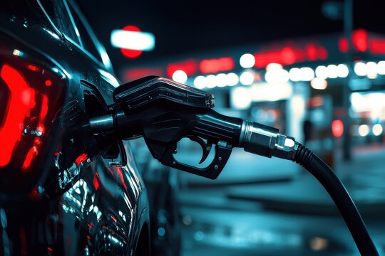 Fueling up at night with a gas pump, bright lights in the background create a vibrant city scene