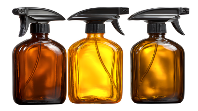 Spray bottles, amber and clear, trigger heads and reflections, product layout, isolated on white background