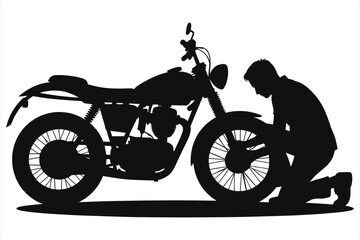 Obraz premium Flat Motorcycle Tire Repair Scene – Silhouette of Mechanic Fixing Flat Motorcycle Tire, Automotive Maintenance, DIY, Engineering, Technical Service, Black and White Vector Illustration for Mechanic