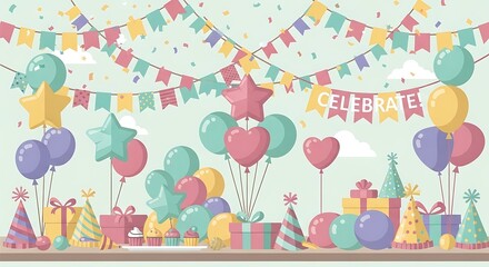 Festive Celebration - Balloons, Banners, and Gifts for a Joyful Occasion.