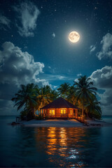 A cozy wooden cabin on a small tropical island at night