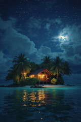 A cozy wooden cabin on a small tropical island at night