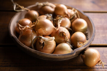 Freshly harvested onions in a wooden bowl resting on a rustic table