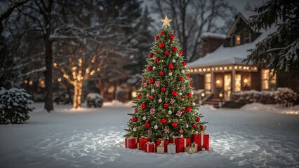 Obraz premium Christmas tree outside on white winter snow with red toys and gift boxes. Bokeh lights, trees, park, garden near house. Decoration for home.
