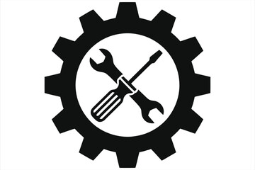 Black silhouette icon of a gear wheel containing crossed wrench and screwdriver, universal symbol for mechanical service, settings, and repair.