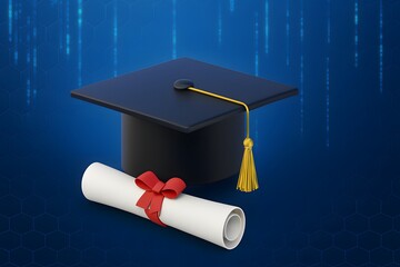 Graduation Cap and Diploma on Blue Digital Background
