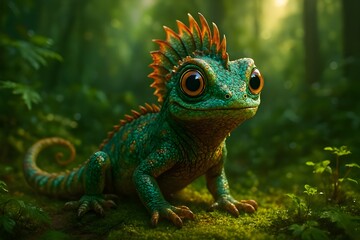 Fototapeta premium Adorable Fantasy Lizard in Enchanted Forest with Vibrant Colors