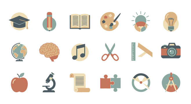 Educational Icons Representing Knowledge and Learning in Various Subjects.