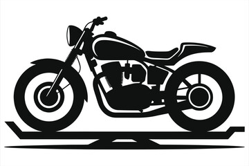 Obraz premium Black silhouette of a classic motorcycle on a maintenance stand, vector graphic highlighting repair, service, or custom bike workshop theme.