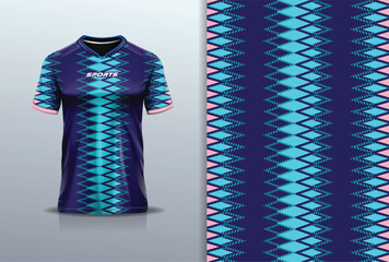 T-shirt mockup pattern diamond abstract jersey design for football, soccer, esports, running, blue pink color