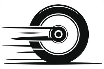 Black silhouette icon of a fast-spinning motorcycle wheel with horizontal motion lines, vector graphic symbolizing speed, velocity, and movement.