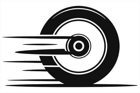 Black silhouette icon of a fast-spinning motorcycle wheel with horizontal motion lines, vector graphic symbolizing speed, velocity, and movement.