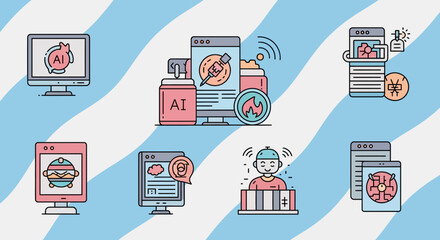 Obraz premium Collection of modern icons illustrating artificial intelligence concepts and web filtering.