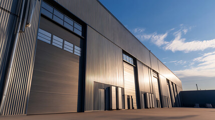 Obraz premium Modern industrial building with ribbed metal facade, illuminated by the sun under a clear blue sky with a few clouds, showcasing architectural design and utility.