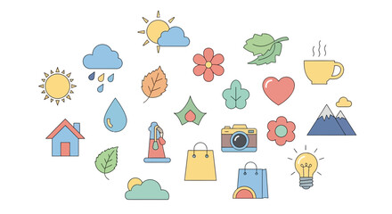 Fototapeta premium Collection of colorful nature and lifestyle icons representing various concepts.