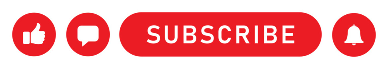 Subscribe button with like, comment, and bell icons for social media platforms. Ideal for YouTube, channel promotion, call to action, notifications, followers, and digital marketing design.