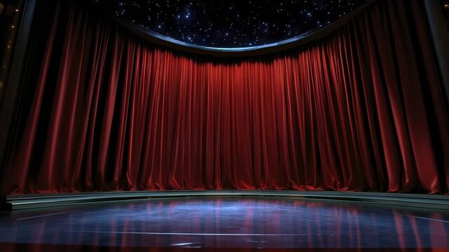 A theatrical stage featuring rich red curtains a dark ceiling with numerous sparkling lights resembling stars and a polished reflective floor