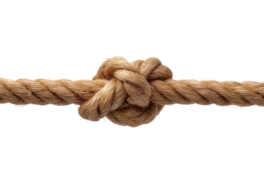 Thick brown rope tied in a secure knot against a black background twine, Png, Isolated on Transparent Background, Cut Out