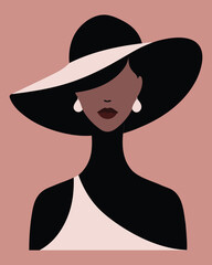 Stylish woman with a widebrimmed hat and earrings against a salmoncolored background girl avatar