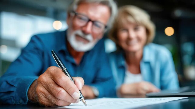 Smiling elderly couple signing important documents together, symbolizing trust, partnership, and financial security in later life