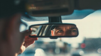 wide shot of driver adjusting rearview mirror, focus on mirror reflection of their eyes, concept of awareness and safety