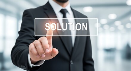 Business professional pointing at solution concept, problem-solving, and decision-making for success