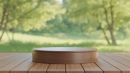 Empty wooden podium on a table with a blurred green forest background for product display