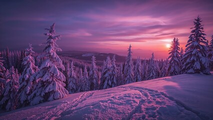 Fantastic evening landscape glowing by sunlight with a dramatic wintry scene in a natural park.pe. Beauty world. Retro filter. Instagram toning effect. Vivid violet. Happy...