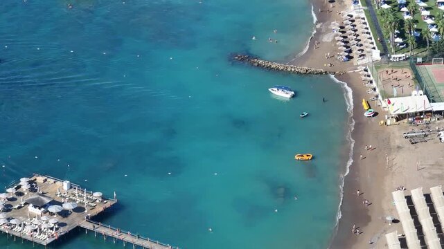 Summer Season in the Antalya Beach Drone Video, Mediterranean and Aegean Summer Holiday Beaches, Belek Antalya, Turkiye (Turkey) 
