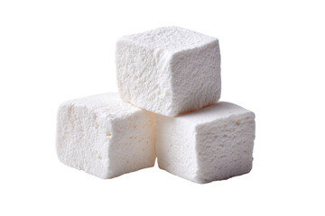 Three fluffy white square marshmallows stacked against a black background sweet food, Png, Isolated on Transparent Background, Cut Out