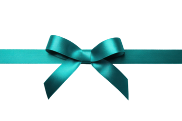 Teal satin ribbon tied in a bow centered on a black background silk, Png, Isolated on Transparent Background, Cut Out