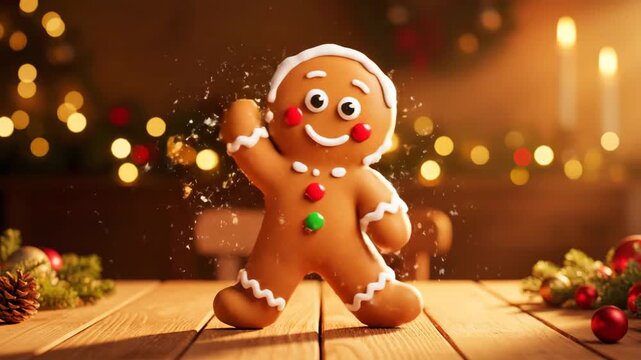 Cheerful gingerbread man character stands on a wooden table, surrounded by holiday decorations, as magical sparkles enhance the festive atmosphere, camera zooms in