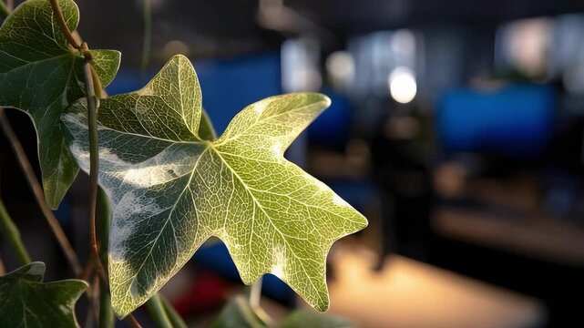 Close-up of variegated ivy leaves in focus, with a blurred office workspace in the background.