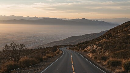 Asphalt road and mountain range natural landscape at sunrise. panoramic view.