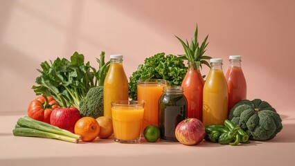 Many vegetables and vegetable juices in bottles and glasses. Fresh produce and healthy drink options.