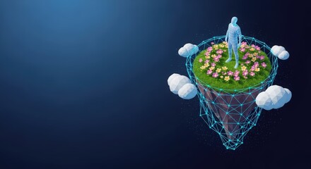 Digital avatar stands on floating island with flowers and clouds