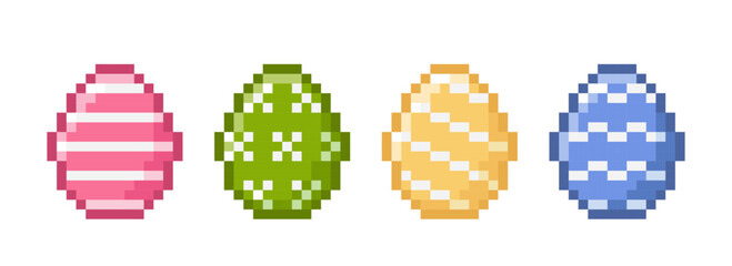 Set of pixel art Easter egg. Four painted colorful eggs in pink, green, yellow and blue. 8-bit icons in the retro style. Isolated illustration.