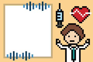 Pixel art background cartoon blank character doctor or scientist man game care medicine decoration pharmacist male doctor uniform hospital 8 bit male pixel art 8 bit vector.