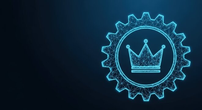 Digital crown within a gear signifies technological leadership and innovation